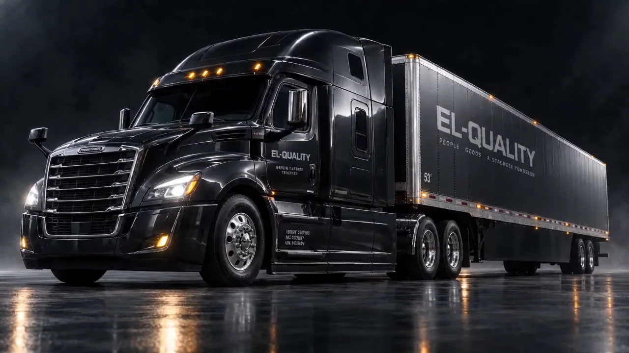 The black EL-QUALITY tractor and trailer in the studio